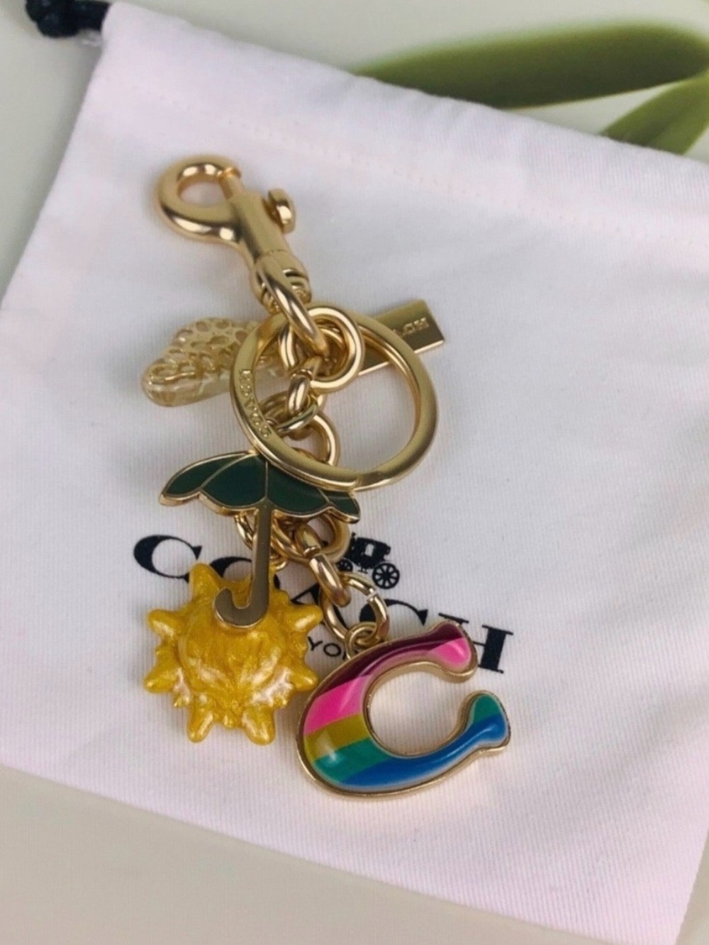 Coach Rainbow 'C' Charm Keyring with Yellow Sun and Green Leaf